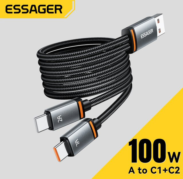 Essager 2-in-1 USB-C und Lightning Schnellladekabel mit 100 W für iPhone 15 16 und Laptops, Schwarz - Bild 1