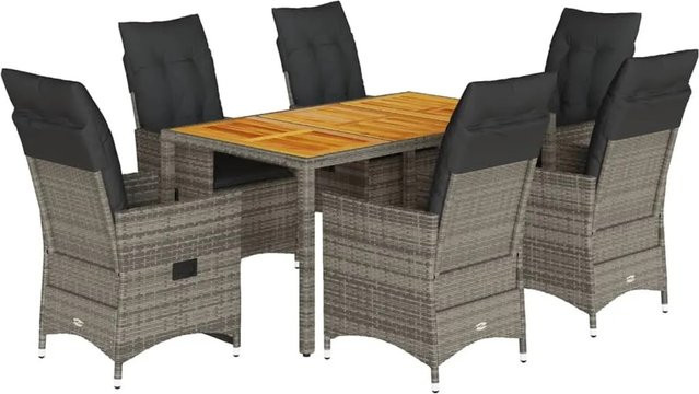vidaXL 7-teilige Garten-Essgruppe aus Poly-Rattan und Akazienholz in Grau mit Kissen - Bild 1