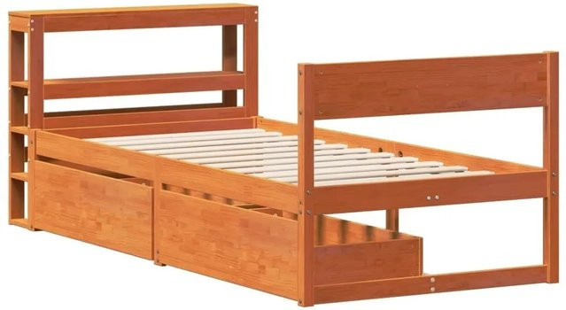 vidaXL Massivholzbett aus Kiefernholz in Braun mit Nachttischregal und Schubladen, Rustikaler Stil, Wachsfinish, B/T/H: 100 x 200 x 82 cm - Bild 1