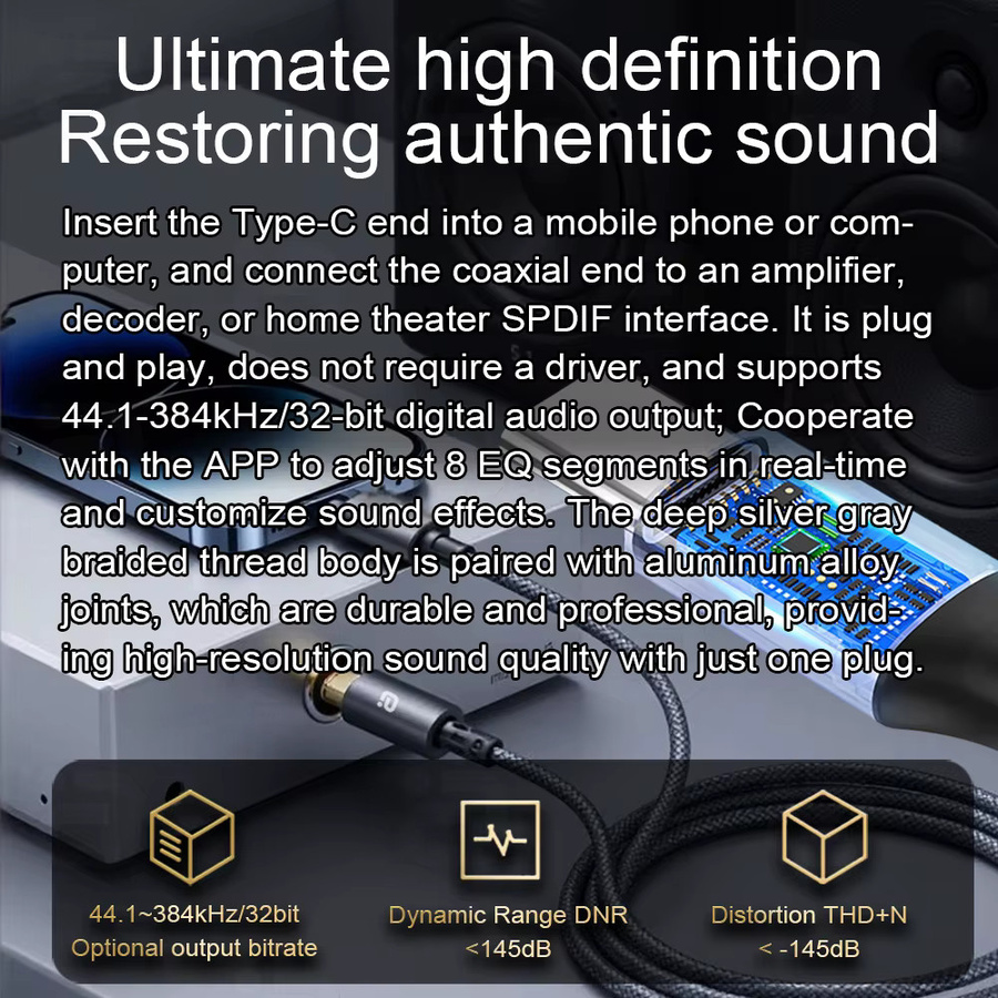 AYINO USB-C auf Digital RCA Audio Adapterkabel SPDIF für DAC Decoder und Verstärker, Schwarz - Bild 3
