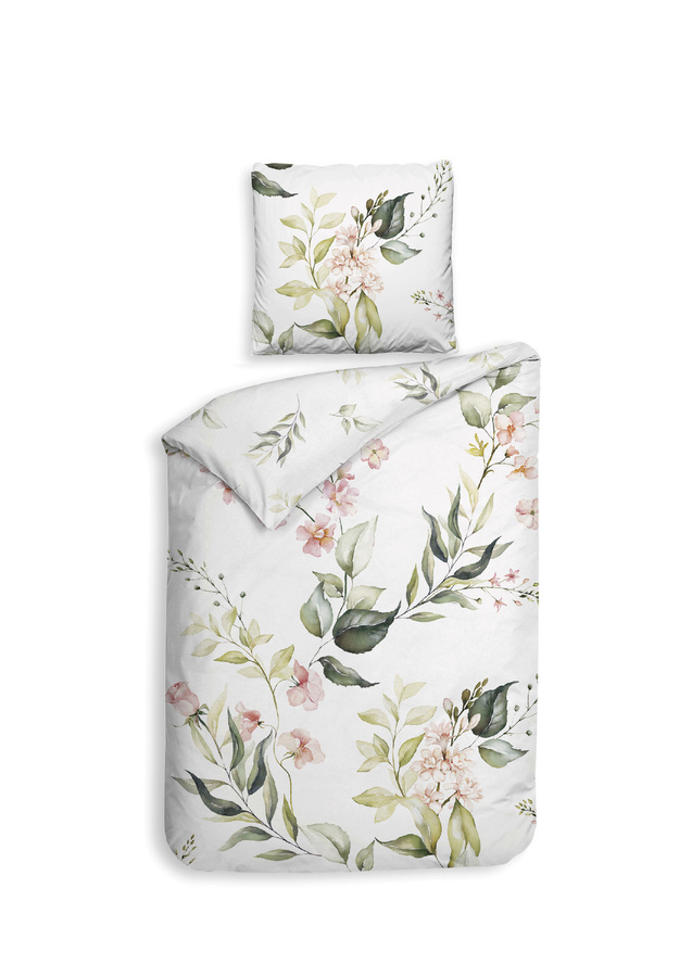 Heckett & Lane Mako-Satin Bettwäsche Alloro White mit floralem Rosen- und Blütenmuster in Weiß, Rosa und Grün, B/H: 135 x 200 cm mit Kissenbezug 80 x 80 cm - Bild 1