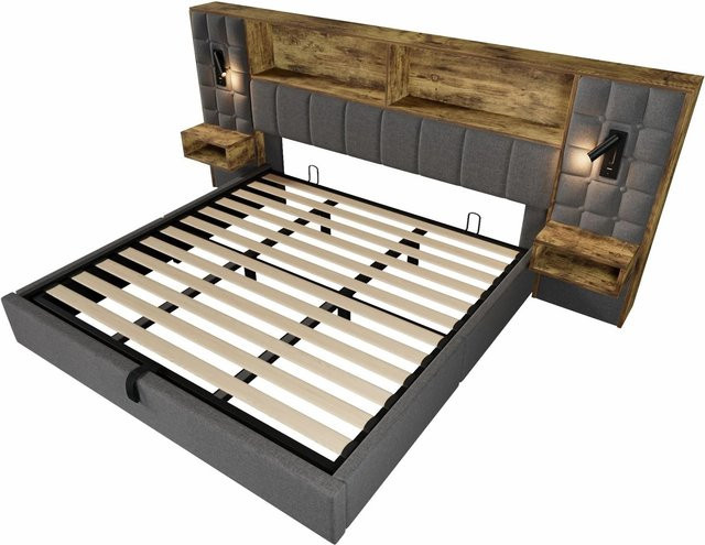 Merax Polsterbett Systembett mit LED-Leselampen, USB-Anschluss und Bettablage in Grau, B/T/H: 180 x 200 x 71,7 cm - Bild 1