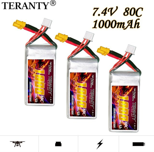 TERANTY LiPo Akku 7,4 V 2S 1000 mAh 80C/160C mit XT30 Anschluss für RC Hubschrauber, Quadcopter und FPV Racing Drohnen - Bild 1