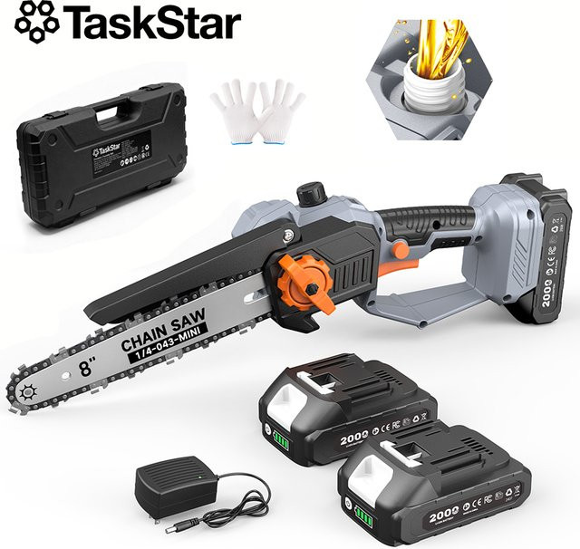 TaskStar 8 Zoll Mini Elektrische Kettensäge mit Automatischer Ölzufuhr, Akkubetriebene Kabellose Handgeführte Baumsäge für Garten und Holzschnitt - Bild 1