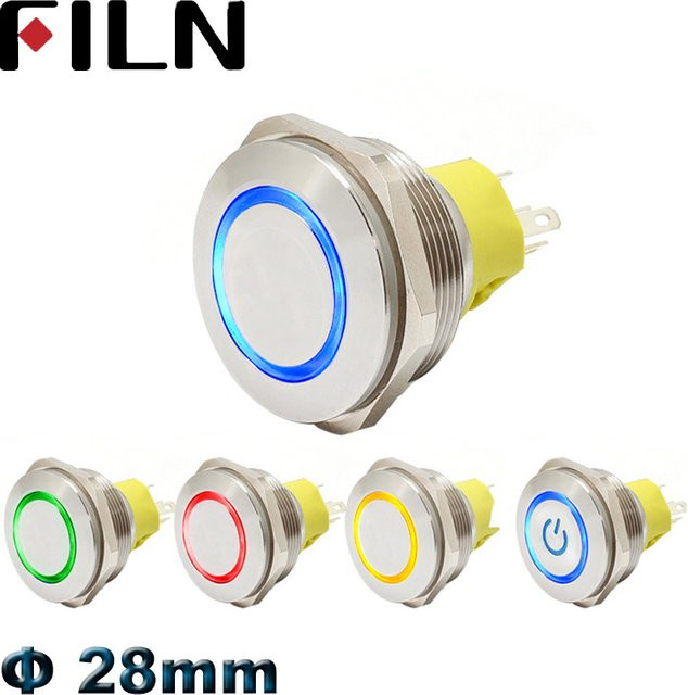 FILN Metall Druckschalter mit LED in Rot oder Grün, 28mm, 12V/24V, SPDT 1NO 1NC, Rastend oder Momentan, Silber - Bild 1