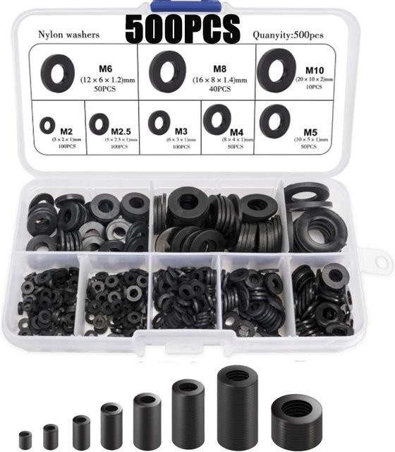 500-teiliges Nylon-Unterlegscheiben-Sortiment in Schwarz mit 8 Größen von M2 bis M10 für Dichtungsanwendungen - Bild 1