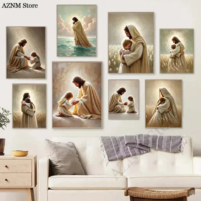 Potdemiel Christliche Leinwand Wandkunst mit Jesus, Lamm und Engeln für Wohnzimmer Dekor, Mehrfarbig - Bild 1