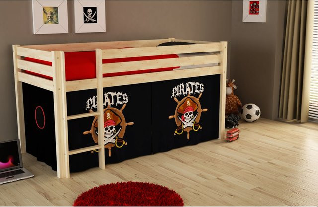 Vipack Spielbett Pino für Kinder aus massiver Kiefer mit Textilset Pirates in Mehrfarbig und Natur lackiert - Bild 1