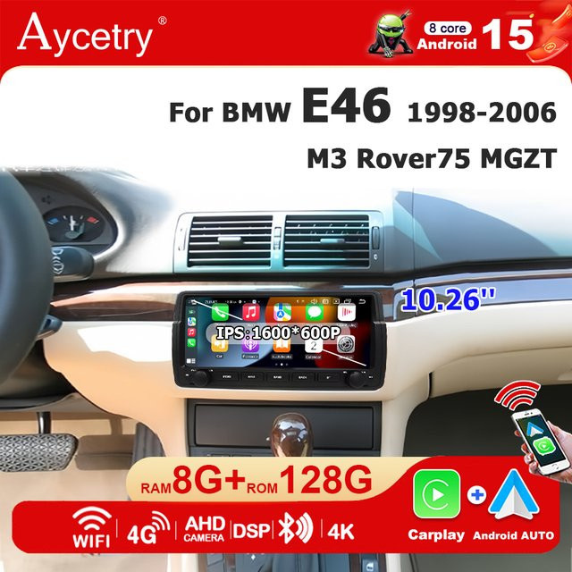 Aycetry Android 15 Autoradio mit 10,26 Zoll Bildschirm, Wireless CarPlay, Bluetooth, GPS, WiFi und 4G für BMW E46 M3, Rover 75 und MG ZT, Schwarz - Bild 1