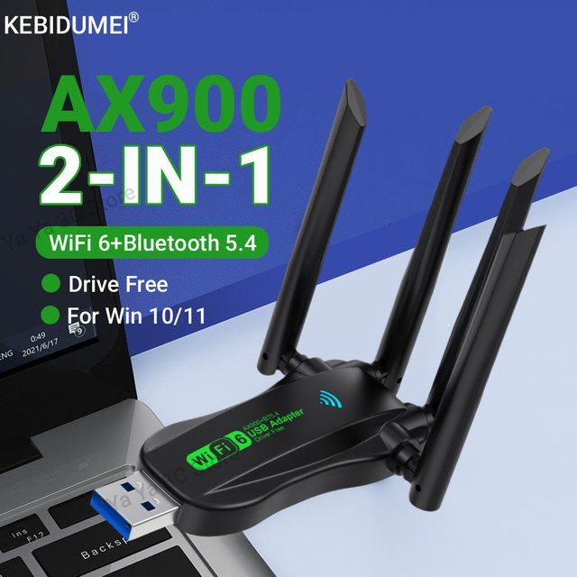 KEBIDUMEI AX900 WiFi 6 USB-Adapter mit Bluetooth 5.4, Dual Band 2,4 GHz/5,8 GHz und 4 Antennen, Black - Bild 1
