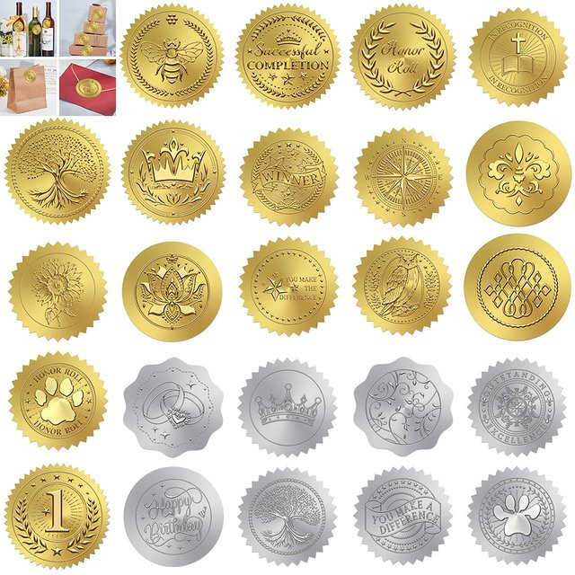 Selbstklebende Folien-Siegelaufkleber im Vintage-Stil mit Motiven wie Krone, Biene und Baum in Gold und Silber für die Dekoration von Umschlägen und Karten - Bild 1