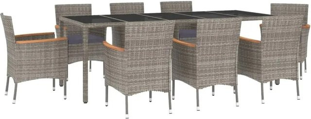 vidaXL 9-tlg. Garten-Essgruppe Modell 15 aus Poly Rattan und Akazienholz in Grau mit Kissen und Hartglas-Tischplatte - Bild 1