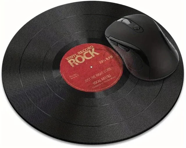 Mairuige Mauspad im Retro-Schallplatten-Design, rundes Gummi-Mauspad in Schwarz für Gaming und Büro - Bild 1