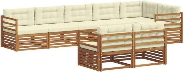 vidaXL Outdoor-Sofagarnitur 8-teilig aus Akazienholz in Natur und Creme mit Kissen und Armlehnen in L-Form - Bild 1
