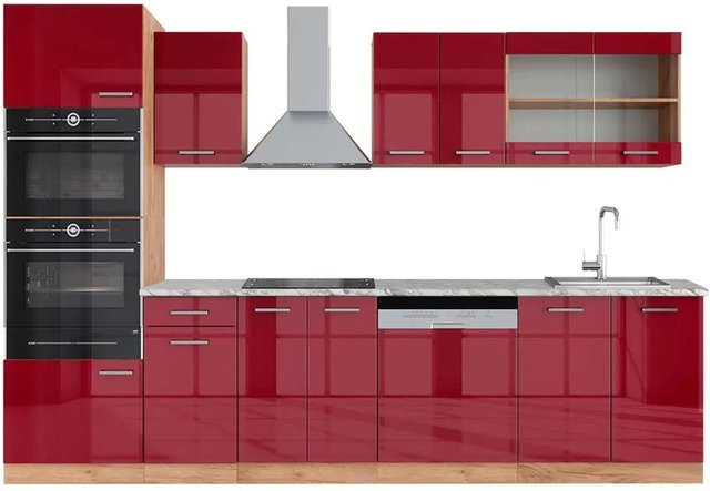 Vicco R-Line Küchenzeile Bordeaux Hochglanz und Goldkraft Eiche mit Hochschrank und Marmor-Arbeitsplatte, Breite: 300 cm - Bild 1