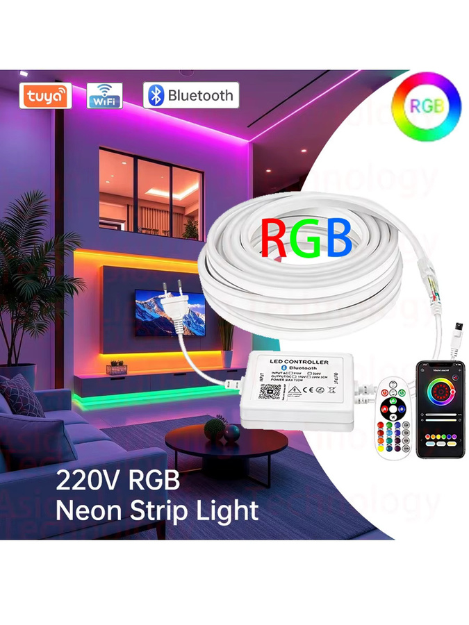 Asign RGB LED Neonstreifen Wasserdichtes Flexibles Lichtband mit Bluetooth, Tuya Smart WiFi und IR-Fernbedienung, Multicolour, 220V - Bild 6