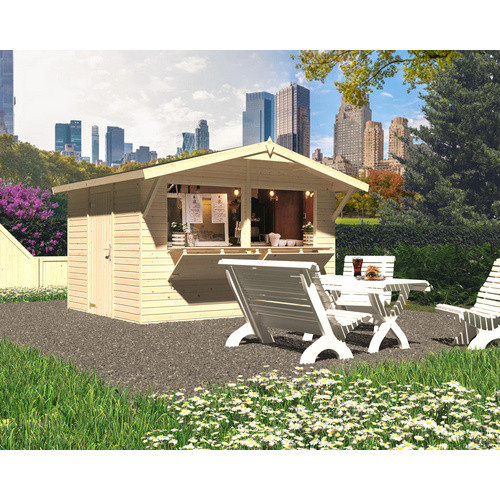 Palmako Stella Verkaufsstand aus Holz mit Satteldach und Vordach in Beige, B/H/T: 361 x 239 x 320 cm - Bild 2