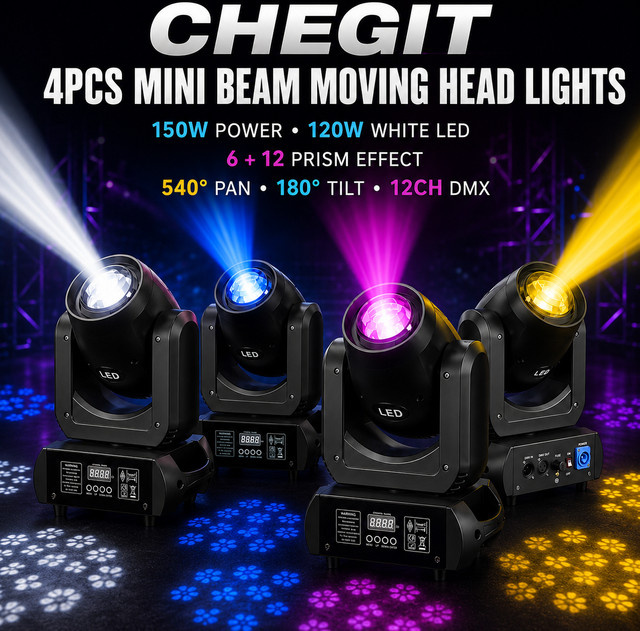 CHEGIT Mini Beam Moving Head LED Spotlight mit 150W, Weiß, 6+12 Prisma-Effekt, DMX 12CH, 540 Grad Pan und 180 Grad Neigung für Bühnenbeleuchtung - Bild 1