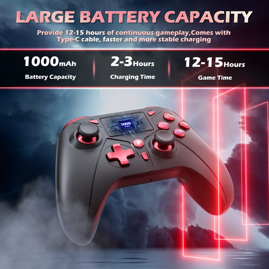 GAMROMBO Drahtloser Game-Controller für PS4, PS3, PC, iOS und Nintendo Switch mit Dual Vibration, 6-Achsen-Gyro und 3,5-mm-Klinkenanschluss in Schwarz-Rot - Bild 2