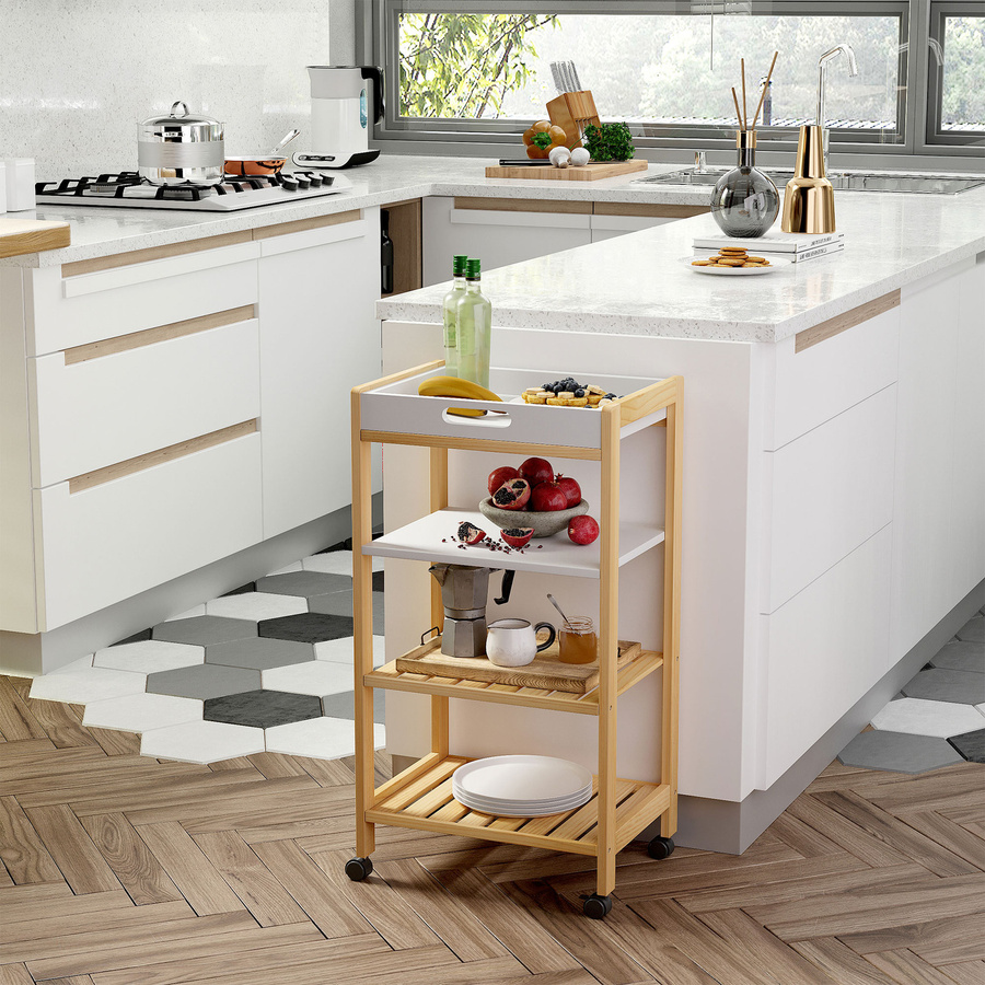 Aosom Küchenwagen Servierwagen mit abnehmbarem Tablett aus Kiefer und MDF, Weiß-Beige, B: 40 cm, T: 30 cm, H: 76 cm - Bild 2