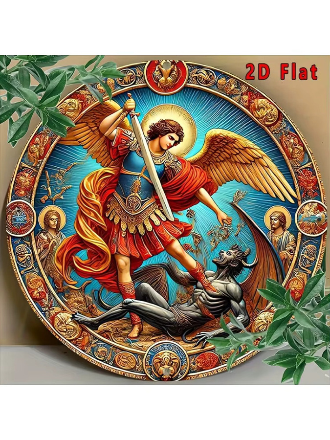 Potdemiel Metallwandkunst Archangel Michael Defeats the Demon Vintage Rund Aluminium-Blechschild Mehrfarbig Durchmesser: 20,32 cm - Bild 4