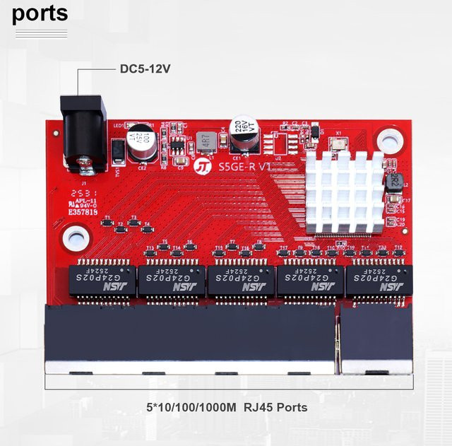 HICOMDATA 5-Port Gigabit Ethernet Switch PCBA-Karte mit Weitspannung DC 5–12 V und 6kV ESD Schutz in Rot - Bild 1