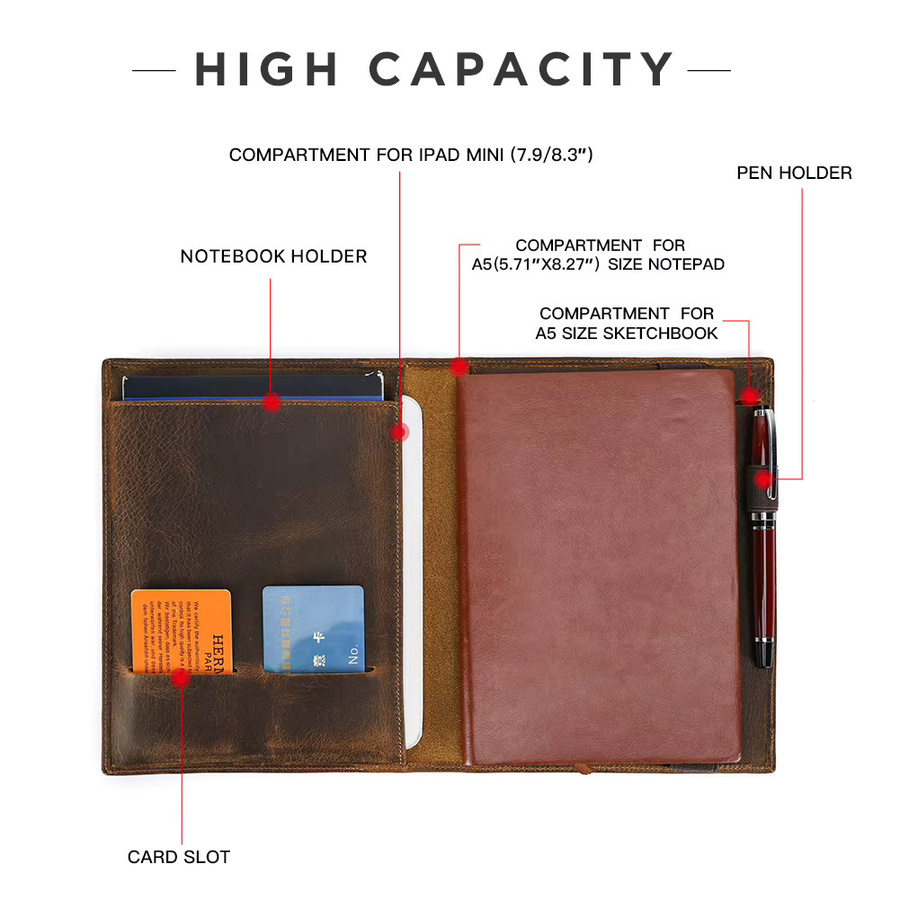 Vintage Crazy Horse Leder-Portfolio für iPad Mini und A5-Notizbuch in Braun - Bild 3