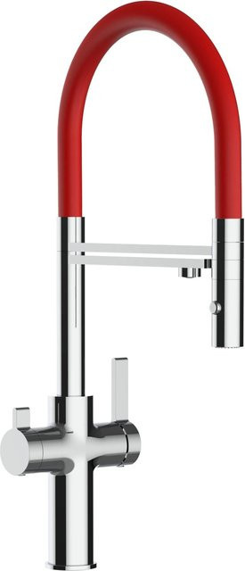 VIZIO Küchenarmatur mit 4-Wege-Wasserhahn, 360° schwenkbarem Auslauf, abnehmbarer 2-Strahl-Handbrause und Filterfunktion, verchromt, Rot - Bild 1