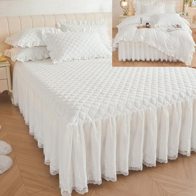 Gesteppte Tagesdecke mit Spitzenbesatz von Your Warm Home in Weiß, 3-teiliges Bettwäsche-Set aus Baumwolle, B/B: 150 x 200 cm - Bild 1