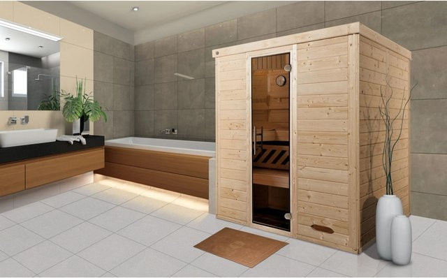 Weka Massivholzsauna Kemi in Braun mit 7,5 kW Heizung und Glastür, B/T/H: 195 x 193 x 200 cm - Bild 1
