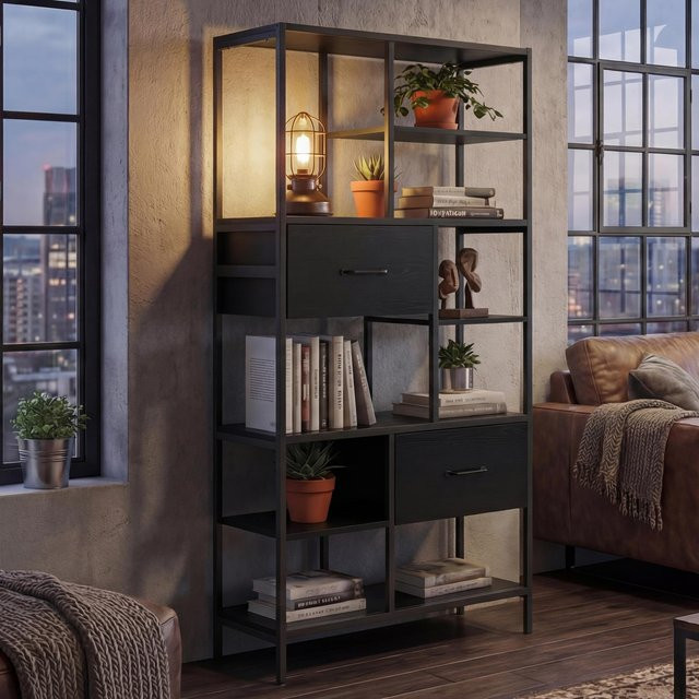 Regalschrank MCW-P11 Industrial im Design mit Schubladen, Farbe Schwarz, B/T/H: 81 x 33 x 150 cm - Bild 1