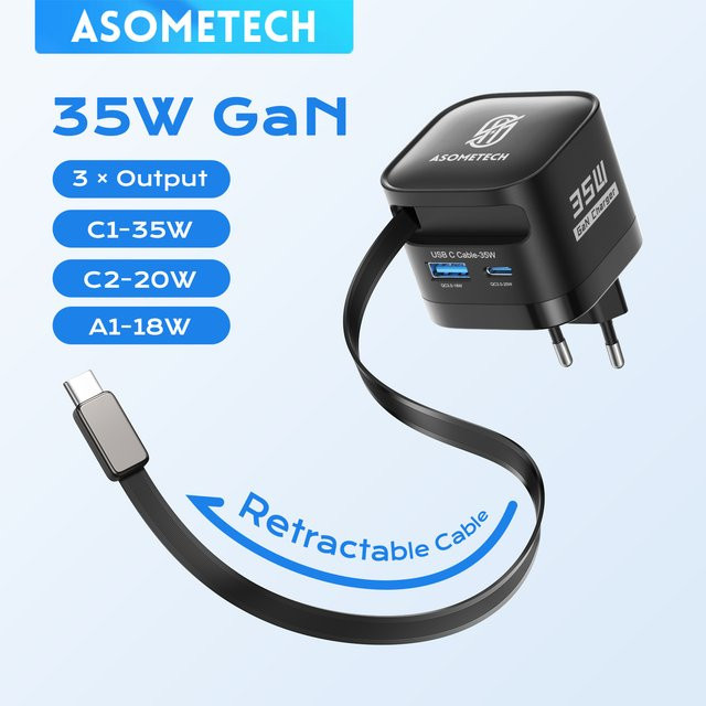 ASOMETECH 35 W GaN USB-C Ladegerät mit einziehbarem Typ-C-Kabel, 3 USB-Anschlüsse PD3.0 QC3.0 PPS Schnellladegerät, Schwarz - Bild 1