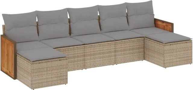 vidaXL 7-tlg Garten-Sofagarnitur in L-Form aus Poly Rattan mit Kissen in Beige - Bild 1