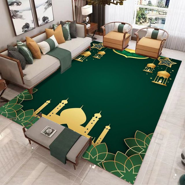 Orientalischer Teppich mit islamischem Muster und Laternen-Motiv in Grün, rutschfest und schmutzabweisend für Wohnzimmer und Schlafzimmer - Bild 1