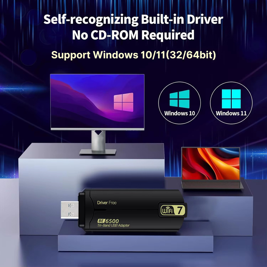 DERAPID WiFi 7 USB-Adapter BE6500 Tri-Band Drahtlose Netzwerkkarte mit USB 3.0 und 6500 Mbit/s in Schwarz für Windows 10/11 PC - Bild 3