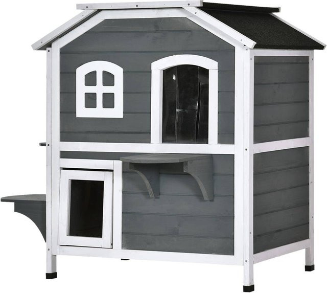 PawHut Katzenhaus aus grau lackiertem Tannenholz mit 2 Etagen und wetterfestem Dach, B/T/H: 78 x 55,5 x 91 cm - Bild 2