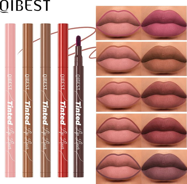 QIBEST Lippenstift und Lipliner, 5 Farben, Nude, Matt - Bild 1