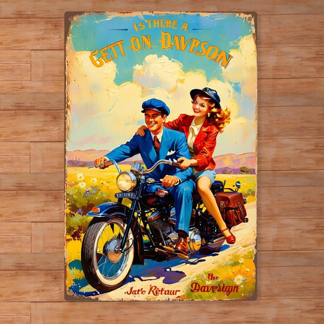 Vintage Davidson Motorrad-Blechschild mit Paar Design in Multicolor, Wandkunst für drinnen und draußen, Höhe: 20,0 cm, Breite: 14,0 cm - Bild 1