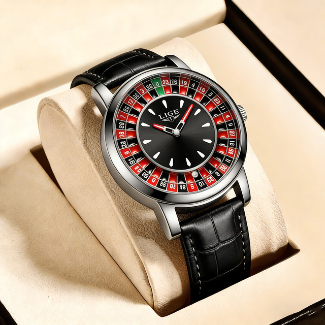 LIGE Armbanduhr Quarz, Roulette-Spielzifferblatt, Leder, Schwarz, Herren - Bild 1