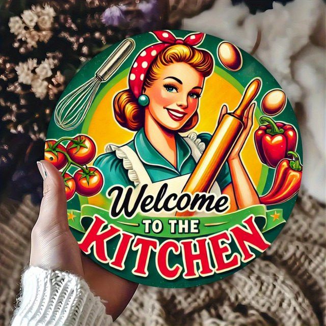 Potdemiel Vintage Wanddekoration Welcome to the Kitchen aus Eisen, rund, multicolor, Durchmesser: 20 cm - Bild 1