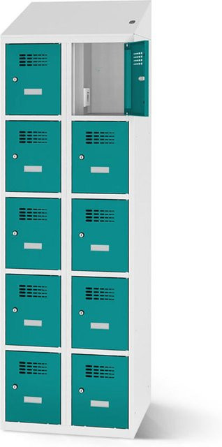 rotstahl Fächerschrank mit Ladefunktion und 10 Fächern in Türkis mit lichtgrauem Korpus, B: 80 cm, H: 200 cm - Bild 1