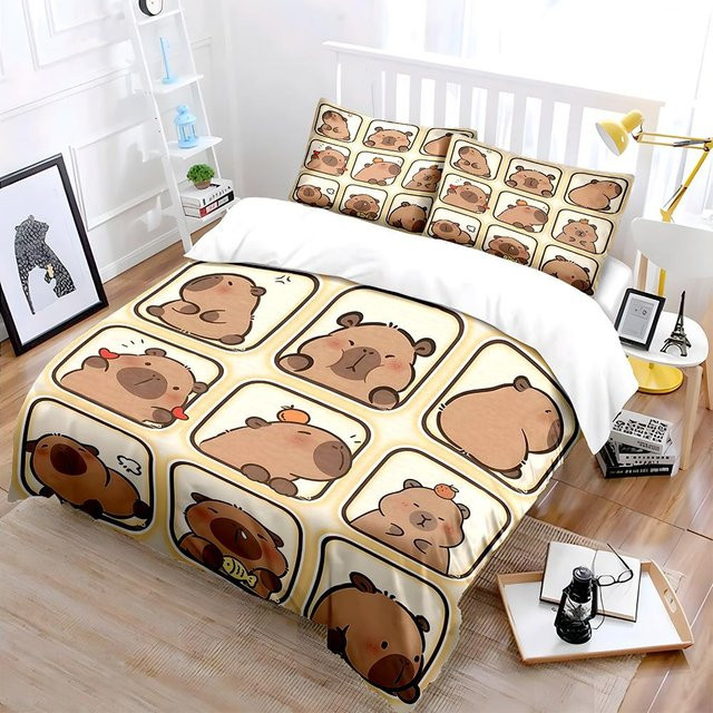 Flylo 3-teiliges Bettwäsche-Set mit Capybara Neun-Quadrate-Muster für Kinder, Braun, B/H: 180 x 210 cm - Bild 1