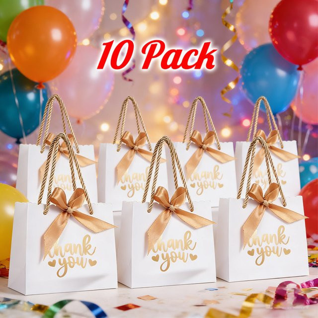 10 Stück kleine weiße Mini-Geschenktüten aus Papier mit Griffen und Schleifenband, B/H/T: 14,0 x 5,5 x 6,3 cm - Bild 1