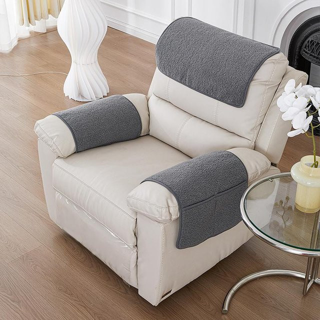 3er-Set dehnbarer Fleece Sofa-Armlehnenbezug mit Taschen und Kopfstütztuch, rutschfest, grau - Bild 1