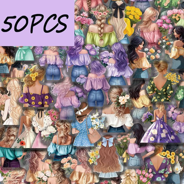 50 Stück wasserfeste PET-Aufkleber aus der Flower Girl-Serie in Multicolour zum Dekorieren von Handyhüllen und Computern - Bild 1