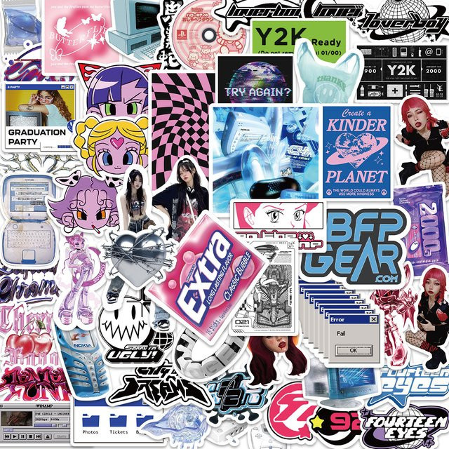 53 Stück Y2K VSCO Aufkleber Set im 90er Jahre Harajuku Stil für Laptop und Scrapbook in Multicolour - Bild 1