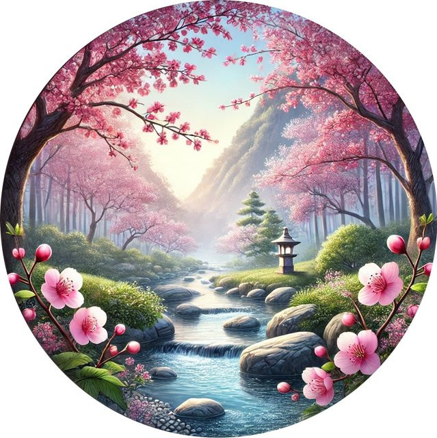 Potdemiel Vintage Wandkunst Kirschblütenlandschaft aus Metall, Rund, Mehrfarbig, Durchmesser: 20,3 cm - Bild 1