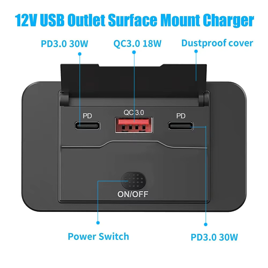 Kebidumei Wasserdichtes 12V Autoladegerät mit Schalter, Dual PD und Dual QC3.0 USB-C Schnellladegerät, Schwarz - Bild 4