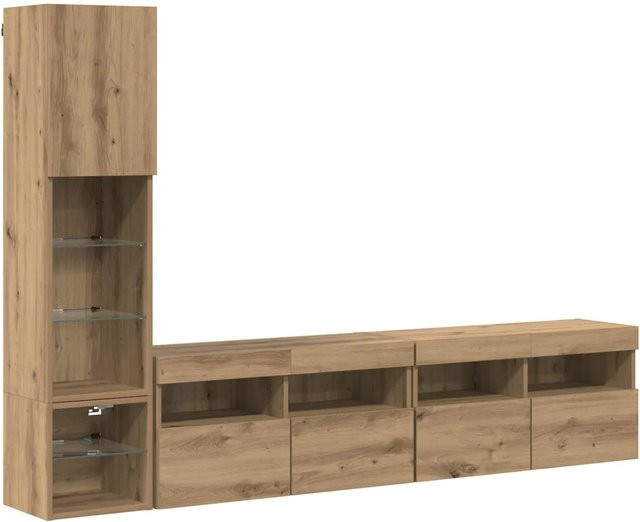 vidaXL TV-Wandmöbel Set mit LED-Beleuchtung in Artisan-Eiche, 4-teiliges modernes Wandregal-Set für dein Wohnzimmer, Farbe: Braun, Maße: Regal 1 L: 30 cm, B: 28,5 cm, H: 30 cm; Regal 2 L: 30,5 cm, B: 30 cm, H: 120 cm; Regale 3 & 4 L: 80 cm, B: 30 cm, H: 4 - Bild 1