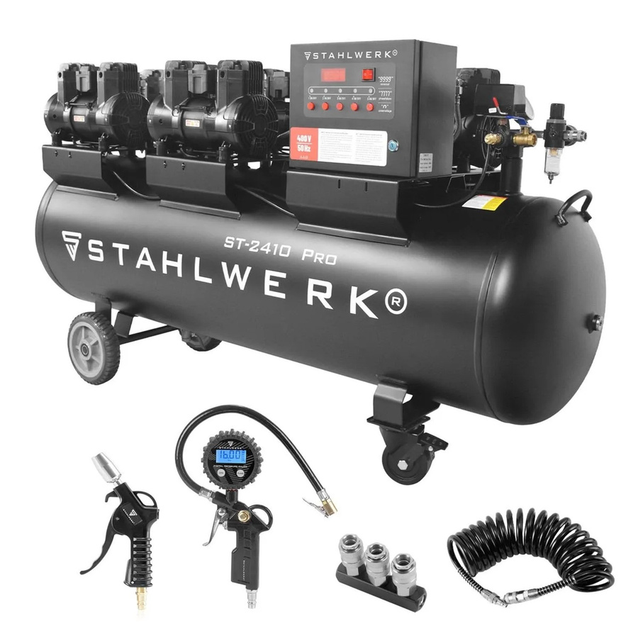STAHLWERK Kompressor Set in Schwarz mit 240 l Tank und 10 Bar Druck inklusive Reifenfüller, Schlauch, Pistole und Verteiler - Bild 2
